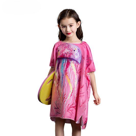 Microfiber kids poncho animals printing hooded towel children changing robe water absorption quick-drying sand-free for swimming pool seasiede beach water park