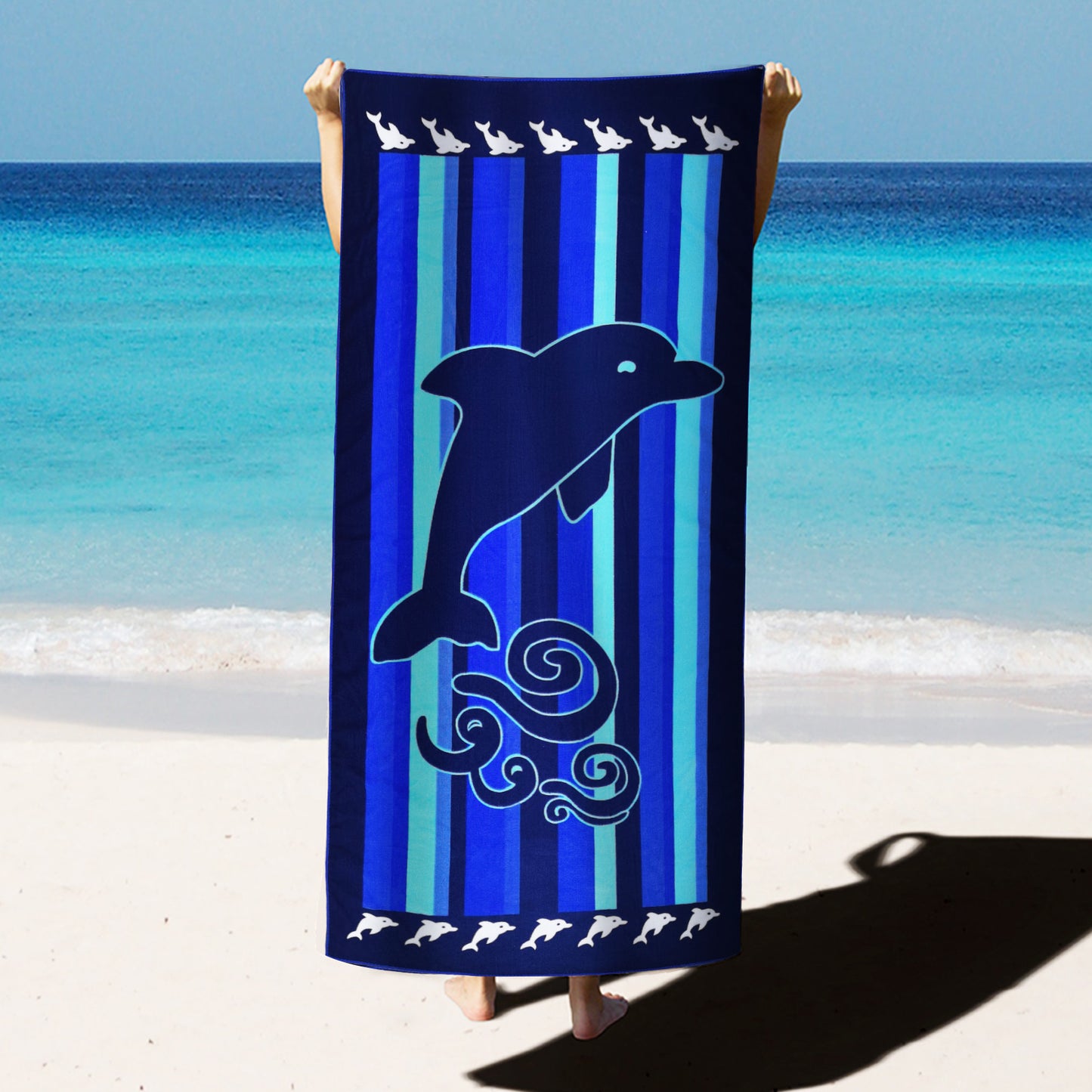 Large Oversized Beach Towel,Swimming Pool Towel Quick Dry, Soft Absorbent, Multifunctional Towel—Dolphin Stripe