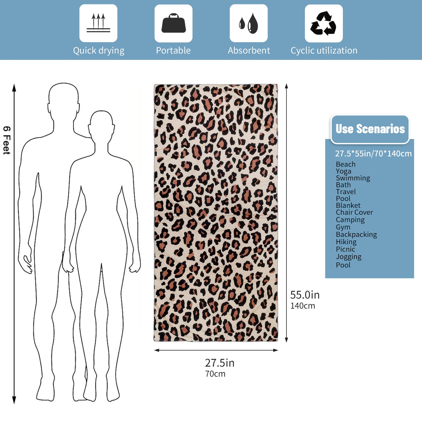 Large Oversized Beach Towel,Swimming Pool Towel Quick Dry, Soft Absorbent, Multifunctional Towel—Light Leopard Print