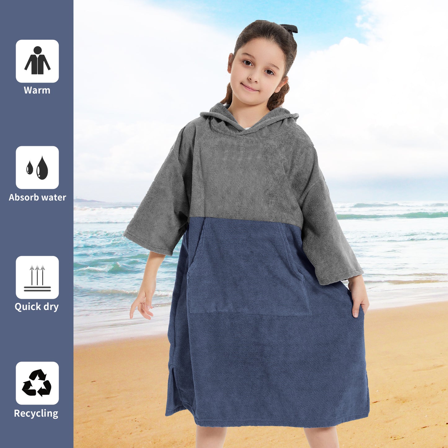 Kids Changing Towel Robe,Hooded Absorbent Surf Poncho Swimming Bathrobe for Beach,Bathing,Surfing,Indoor & Outdoor Activities