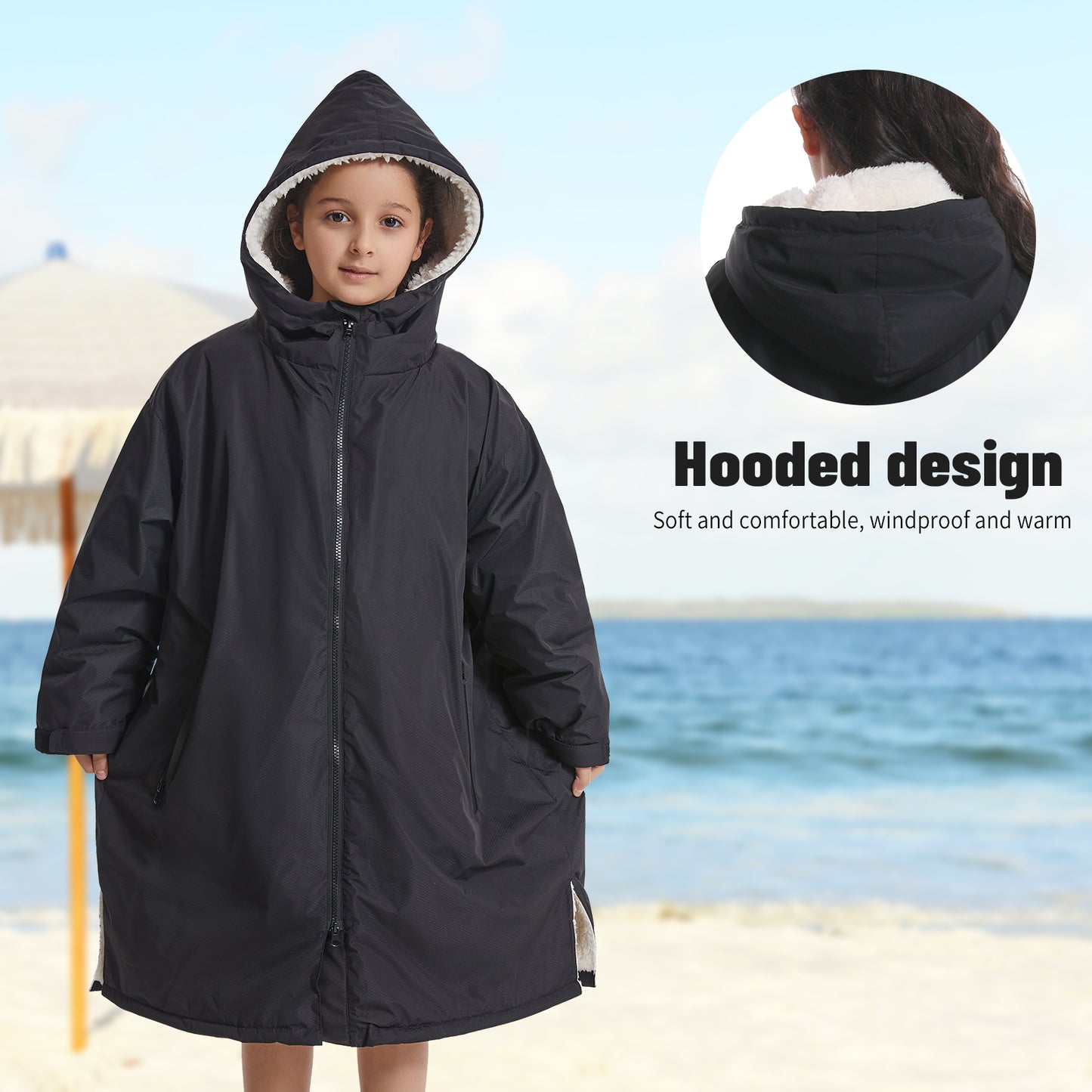 Children's Waterproof parka, Windproof Swimming Coat, Oversized Hooded Changing Robe, Long Sleeves