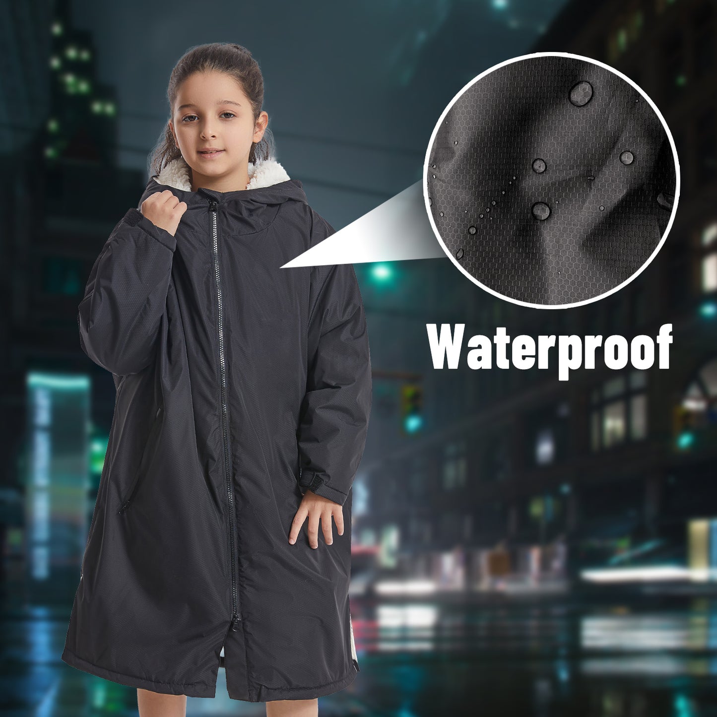 Children's Waterproof parka, Windproof Swimming Coat, Oversized Hooded Changing Robe, Long Sleeves