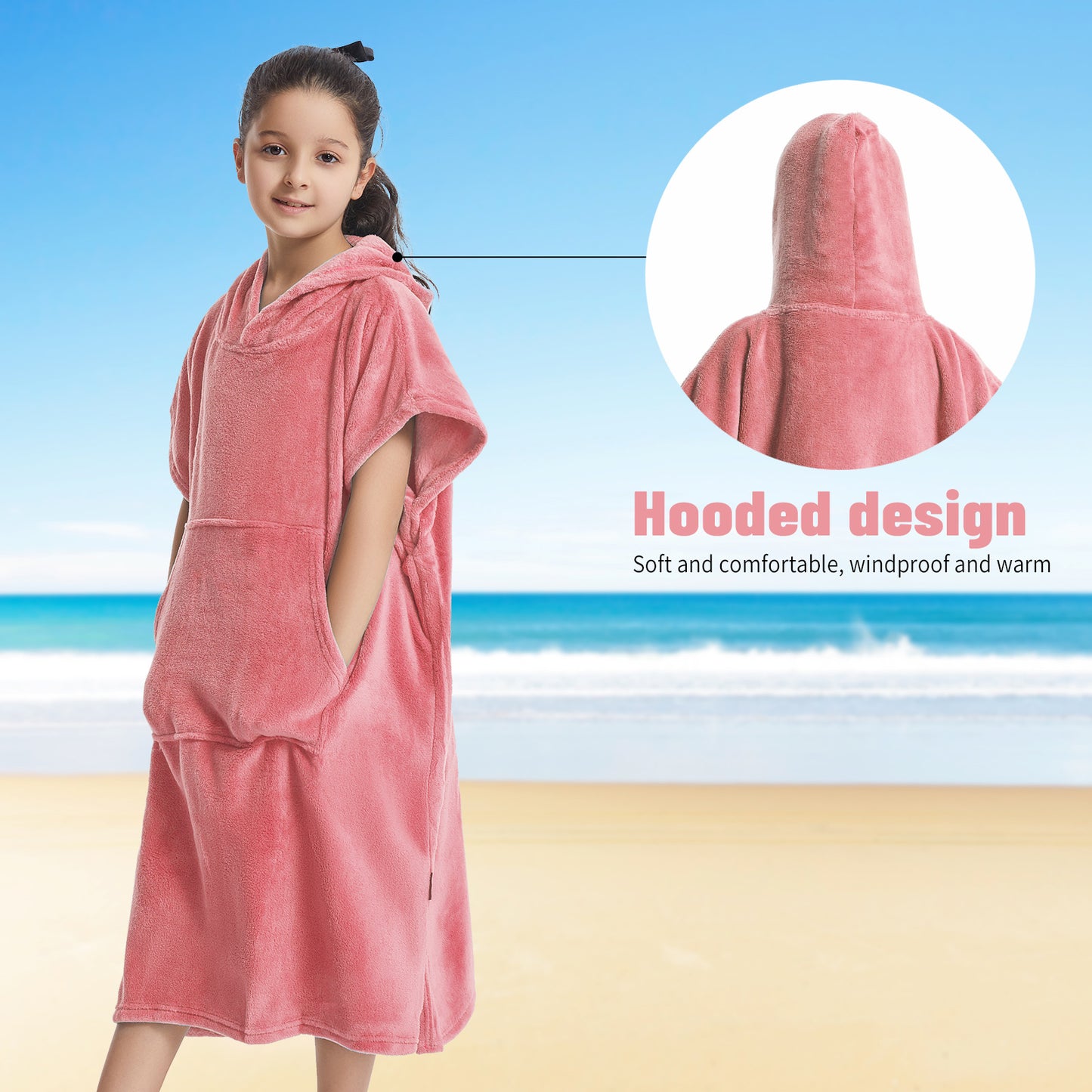 Kids Towel Changing Robe: Soft Plush Wearable Blanket, Swim Surf Poncho with Short Sleeves