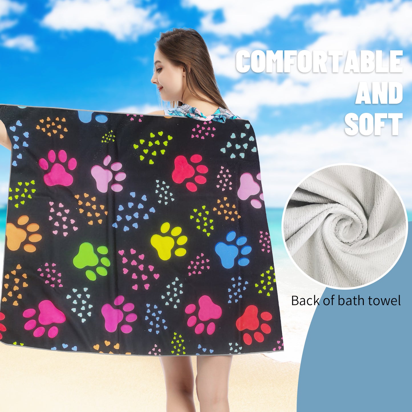 Large Oversized Beach Towel,Swimming Pool Towel Quick Dry, Soft Absorbent, Multifunctional Towel—Paw Print