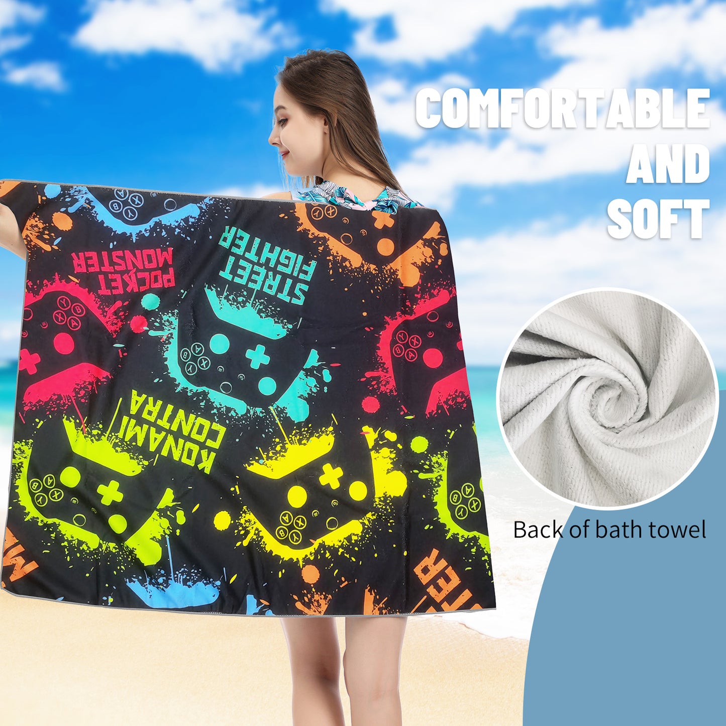 Large Oversized Beach Towel,Swimming Pool Towel Quick Dry, Soft Absorbent, Multifunctional Towel—Game