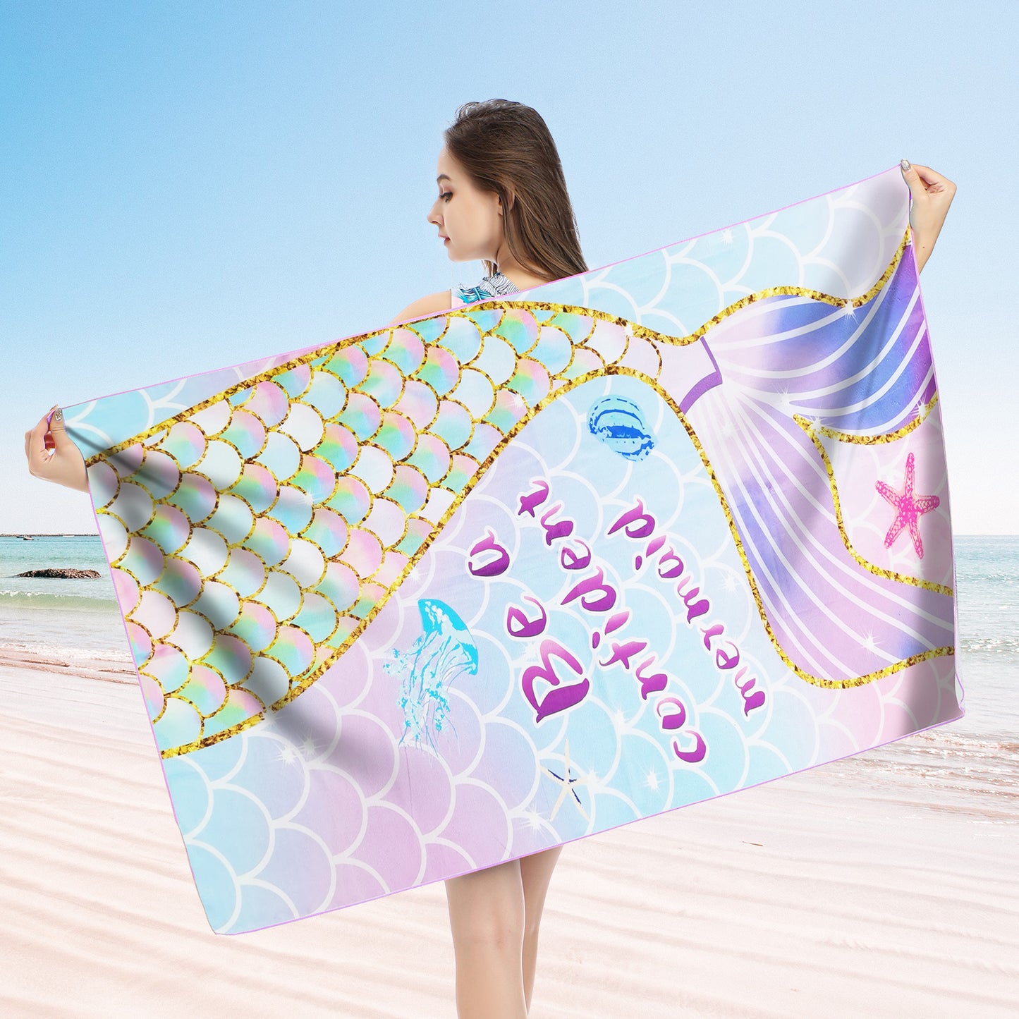 Large Oversized Beach Towel,Swimming Pool Towel Quick Dry,Soft Absorbent, Multifunctional Towel—Golden Mermaid